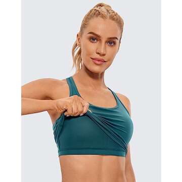 CRZ YOGA Butterluxe Womens Y-Back Racerback Longline Sports Bra - Padded Scoop Neck Workout Crop Tank Top with Built in Pads Borealis Green Medium