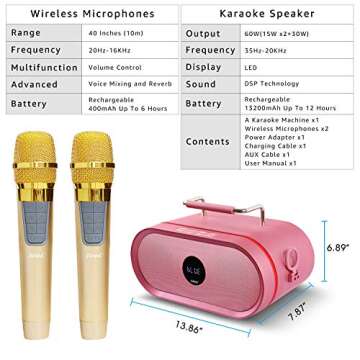RHM Karaoke Machine with Wireless Microphones for Parties
