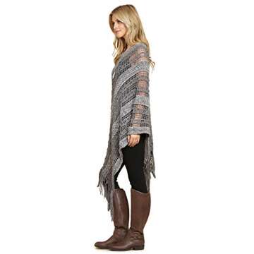 RIAH FASHION Bohemian Shawl Wrap Poncho - Kimono Cardigan, Mesh Scarf, Open Knit Crochet (Crochet Pullover Poncho - Gray)