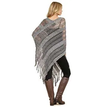 RIAH FASHION Bohemian Shawl Wrap Poncho - Kimono Cardigan, Mesh Scarf, Open Knit Crochet (Crochet Pullover Poncho - Gray)