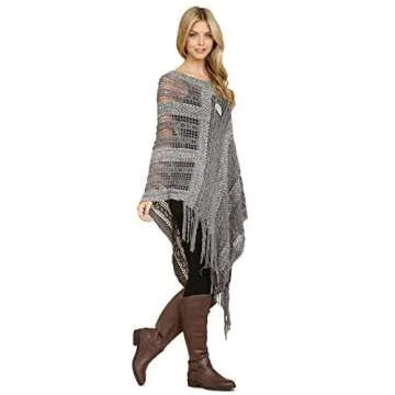RIAH FASHION Bohemian Shawl Wrap Poncho - Kimono Cardigan, Mesh Scarf, Open Knit Crochet (Crochet Pullover Poncho - Gray)