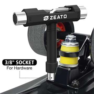 Zeato All-in-One Skate Tools Multi-Function Portable Skateboard T Tool Accessory with T-Type Allen Key and L-Type Phillips Head Wrench Screwdriver - Black