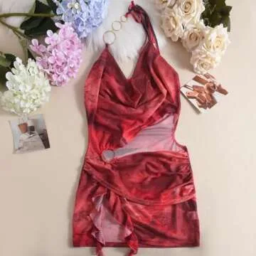 Novaorily Women Sexy Halterneck Mini Dress Hollow Out Colourful Mesh Floral Dress for Beach Party Night Red