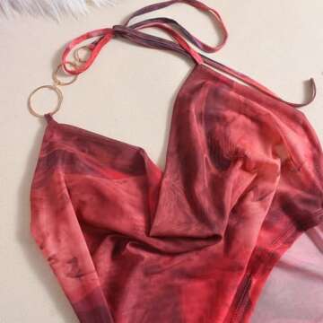 Novaorily Women Sexy Halterneck Mini Dress Hollow Out Colourful Mesh Floral Dress for Beach Party Night Red