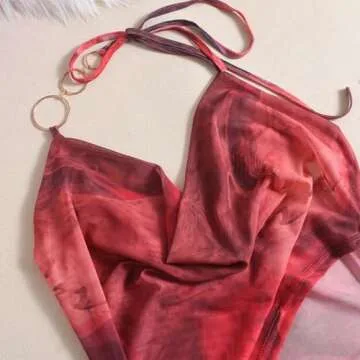 Novaorily Women Sexy Halterneck Mini Dress Hollow Out Colourful Mesh Floral Dress for Beach Party Night Red