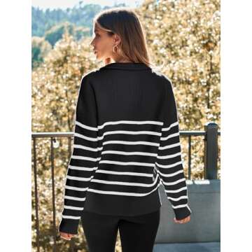 LILLUSORY Women's Quarter Zip Striped Oversized Sweater 2025 Mock Turtleneck Fall Fashion Outfit Black-White S