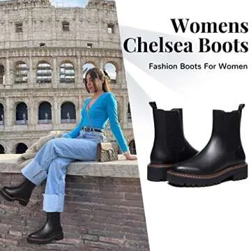 Athlefit Women's Chelsea Ankle Boots Platform Slip On Chunky Heel Lug Sole Leather Booties