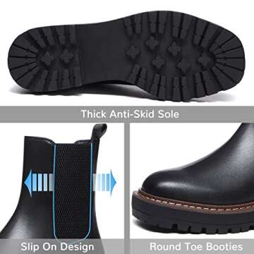 Athlefit Women's Chelsea Ankle Boots Platform Slip On Chunky Heel Lug Sole Leather Booties