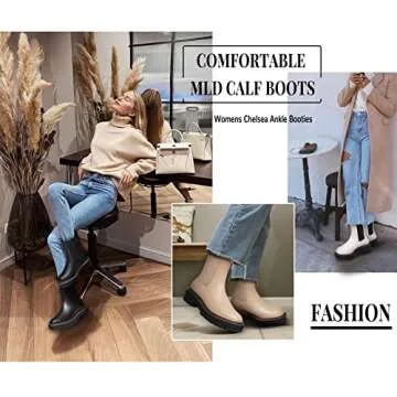 Athlefit Women's Chelsea Ankle Boots Platform Slip On Chunky Heel Lug Sole Leather Booties