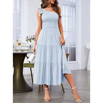 MEROKEETY Women's Summer One Shoulder Sleeveless Knot Smocked Midi Dress Split Tiered Flowy Dresses,LightBlue,M