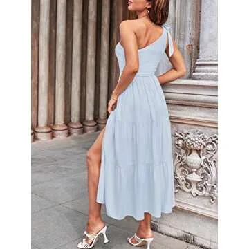 MEROKEETY Women's Summer One Shoulder Sleeveless Knot Smocked Midi Dress Split Tiered Flowy Dresses,LightBlue,M