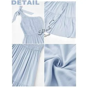 MEROKEETY Women's Summer One Shoulder Sleeveless Knot Smocked Midi Dress Split Tiered Flowy Dresses,LightBlue,M