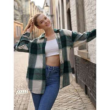ZAFUL Women's Plaid Long Sleeve Shirt Button Down Wool Blend Thin Jacket Casual Blouse Tops with Poc...