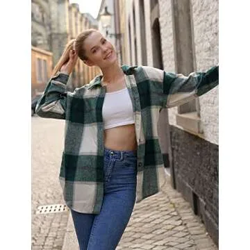 ZAFUL Women's Plaid Long Sleeve Shirt Button Down Wool Blend Thin Jacket Casual Blouse Tops with Poc...