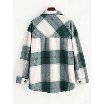 ZAFUL Women's Plaid Long Sleeve Shirt Button Down Wool Blend Thin Jacket Casual Blouse Tops with Pocket Green