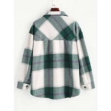 ZAFUL Women's Plaid Long Sleeve Shirt Button Down Wool Blend Thin Jacket Casual Blouse Tops with Pocket Green