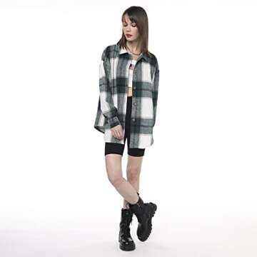 ZAFUL Women's Plaid Long Sleeve Shirt Button Down Wool Blend Thin Jacket Casual Blouse Tops with Pocket Green
