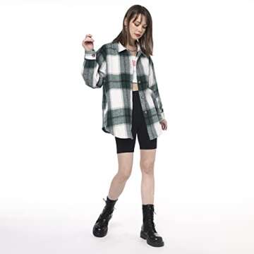 ZAFUL Women's Plaid Long Sleeve Shirt Button Down Wool Blend Thin Jacket Casual Blouse Tops with Pocket Green