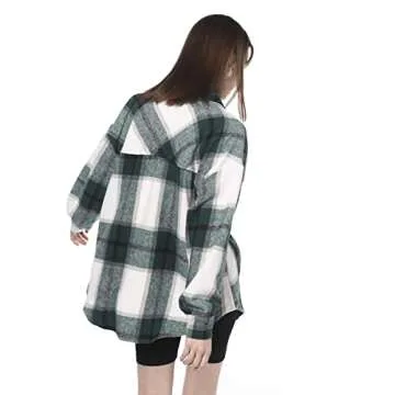 ZAFUL Women's Plaid Long Sleeve Shirt Button Down Wool Blend Thin Jacket Casual Blouse Tops with Pocket Green