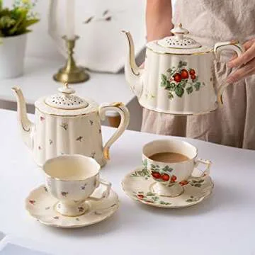 Tmore Vintage Porcelain Tea Set - Elegant Strawberry Pattern with Coffee Cup