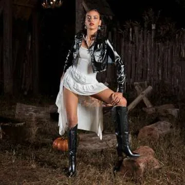 ISNOM Black Cowgirl Boots for Womens Western Boots Tall Black Cowboy Boots for Women Knee High Western Boots for Women Tall Cowboy Boots Women High Heel Wide Calf Cowboy Boots Women Cowboy Boots