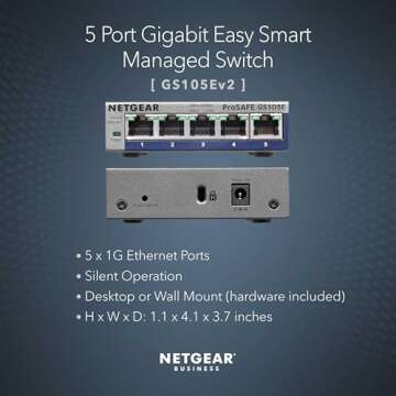NETGEAR 5-Port Gigabit Ethernet Easy Smart Managed Switch (GS105Ev2) - Managed, Desktop or Wall Mount, and Limited Lifetime Protection