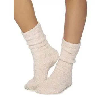 Barefoot Dreams CozyChic Women Heathered Socks, Crew Socks, Plush Socks, Loungewear, Warm Toes, Fuzzy Socks-Oyster/White-Dusty Rose/White (Set of 2)