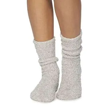 Barefoot Dreams CozyChic Women Heathered Socks, Crew Socks, Plush Socks, Loungewear, Warm Toes, Fuzzy Socks-Oyster/White-Dusty Rose/White (Set of 2)
