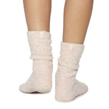 Barefoot Dreams CozyChic Women Heathered Socks, Crew Socks, Plush Socks, Loungewear, Warm Toes, Fuzzy Socks-Oyster/White-Dusty Rose/White (Set of 2)