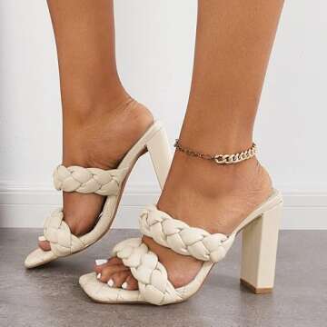 Reoplty Women's Square Open Toe Braided Sandals Backless Two Strap Block Heels Slip On Slides…