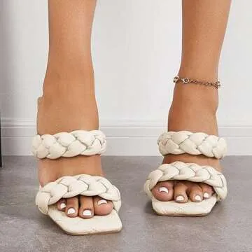 Reoplty Women's Square Open Toe Braided Sandals Backless Two Strap Block Heels Slip On Slides…