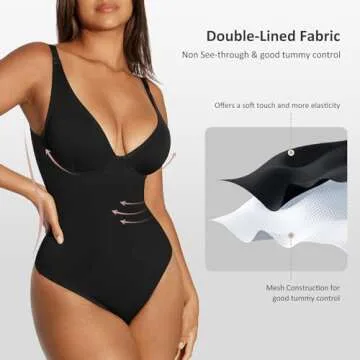FeelinGirl Black Shapewear Bodysuits for Women Tummy Control Thong Body Suit Body Shaper, V neck, Large