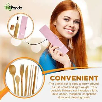 Bamboo Utensils | Bamboo Travel Cutlery Set | Reusable Utensils With Case | Camping Utensils To-Go | Bamboo Flatware Set | Travel Utensil Set | Eco Friendly Zero Waste Fork Spoon Knife Set Tiny Panda
