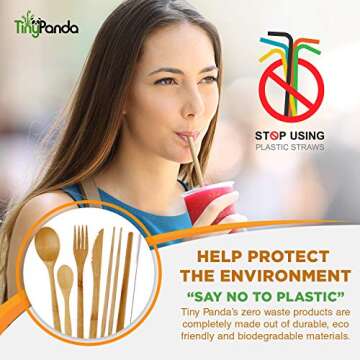 Bamboo Utensils | Bamboo Travel Cutlery Set | Reusable Utensils With Case | Camping Utensils To-Go | Bamboo Flatware Set | Travel Utensil Set | Eco Friendly Zero Waste Fork Spoon Knife Set Tiny Panda