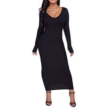 Cinyifaan Women's Casual Off Shoulder Long Sleeves Slim Knit Bodycon Sweater Dress Midi Pencil Dress.