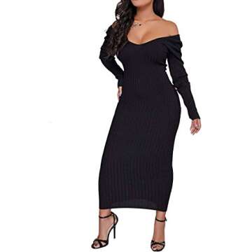 Cinyifaan Women's Casual Off Shoulder Long Sleeves Slim Knit Bodycon Sweater Dress Midi Pencil Dress.