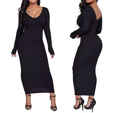 Cinyifaan Women's Casual Off Shoulder Long Sleeves Slim Knit Bodycon Sweater Dress Midi Pencil Dress.