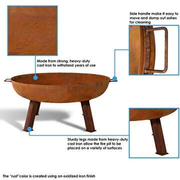 Sunnydaze 34-Inch Rustic Cast Iron Outdoor Raised Fire Pit Bowl with Handles - Oxidized Finish