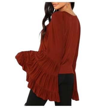 Floerns Women's 70s Western Flowy Bell Sleeve Blouse Tops Shirts Brown Red