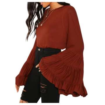 Floerns Women's 70s Western Flowy Bell Sleeve Blouse Tops Shirts Brown Red