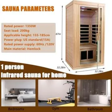 LTCCDSS 1 Person Infrared Sauna, Canadian Hemlock Far Infrared Sauna for Home, 1350W Indoor Saunas, ...