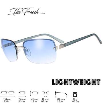 The Fresh Minimalist Semi-rimless Rectangular Sunglasses for Men Women - Exquisite Packaging (605b-Siver (Light Blue Temple), Gradient Blue)