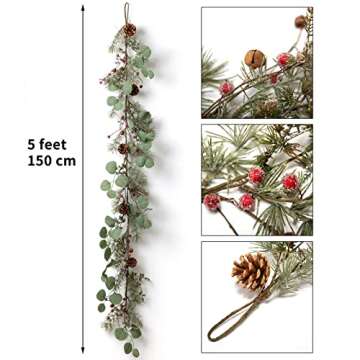 LOHASBEE Artificial Christmas Garland, 5 Feet Pine Cone Eucalyptus Garland with Snow, Red Berries, B...