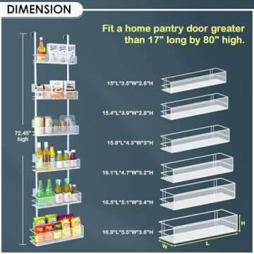 Over the Door Pantry Organizer - 6-Tier Mesh Basket Hanging & Wall Mounted Pantry Door Organizer, Over the Door Spice Rack with Adjustable Hooks for Kitchen, Bathroom, Bedroom, Storage Room (White)