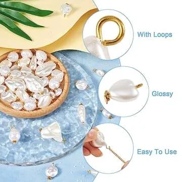 Cheriswelry 90Pcs White Pearl Pendants ABS Imitation Plastic Pearl Dangle Charms with Iron Alloy Findings 9 Styles 15-30mm for DIY Necklace Earring Jewelry Making Crafts