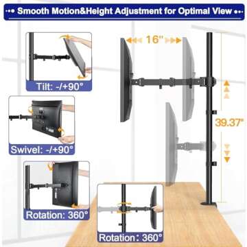HUANUO Single Monitor Stand Desk Mount, Extra Tall 39 Inch Fully Adjustable Stand Computer Mount for 13-32 In Screen, Ultra Wide Screen to 35in, Monitor Arm Holds up to 22lbs with C Clamp/Grommet Base