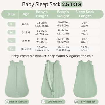 Unnivoll Baby Sleep Sack 6-12 Months TOG 2.5 Winter Baby Wearable Blanket, 100% Cotton Fabric Newborn Infant Sleeping Sack 2-Way Zipper Quilted Baby Sleep Bag, Warm Soft Green