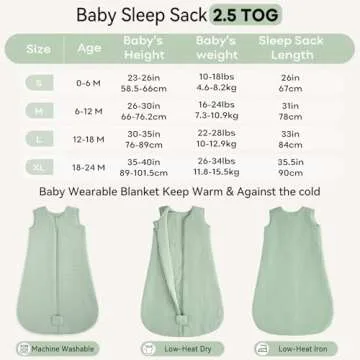 Unnivoll Baby Sleep Sack 6-12 Months TOG 2.5 Winter Baby Wearable Blanket, 100% Cotton Fabric Newborn Infant Sleeping Sack 2-Way Zipper Quilted Baby Sleep Bag, Warm Soft Green