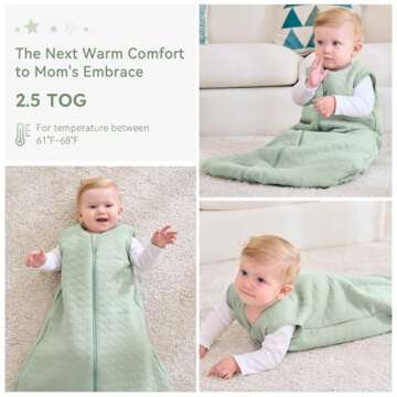 Unnivoll Baby Sleep Sack 6-12 Months TOG 2.5 Winter Baby Wearable Blanket, 100% Cotton Fabric Newborn Infant Sleeping Sack 2-Way Zipper Quilted Baby Sleep Bag, Warm Soft Green