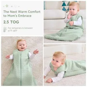 Unnivoll Baby Sleep Sack 6-12 Months TOG 2.5 Winter Baby Wearable Blanket, 100% Cotton Fabric Newborn Infant Sleeping Sack 2-Way Zipper Quilted Baby Sleep Bag, Warm Soft Green